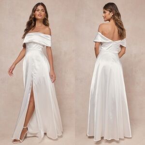 NWT LULUS Satin Folded Off Shoulder Side‎ Slit Full Skirt Maxi Wedding Gown S